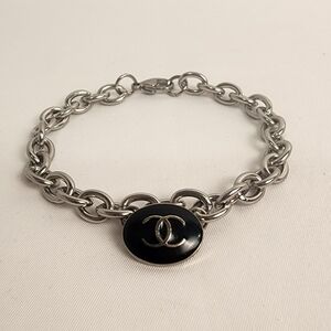 Silver Chain Bracelet Black Silver CC Button Charm Chanel